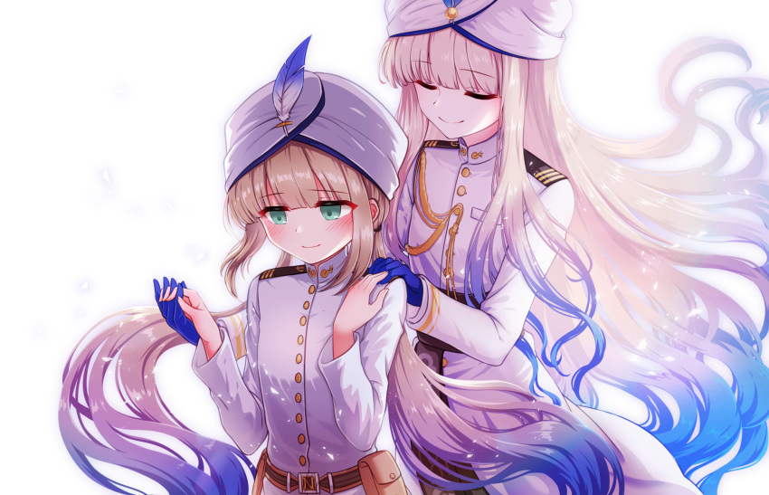 2boys belt belt_pouch blonde_hair blue_gloves blush captain_nemo_(fate) closed_eyes coat commentary epaulettes fate/grand_order fate/grand_order_arcade fate_(series) gloves green_eyes hand_on_another's_shoulder hat_feather highres holding_hands long_hair multiple_boys nemo_(fate) noah_(fate) pouch shell_ocean simple_background smile turban very_long_hair white_background white_coat