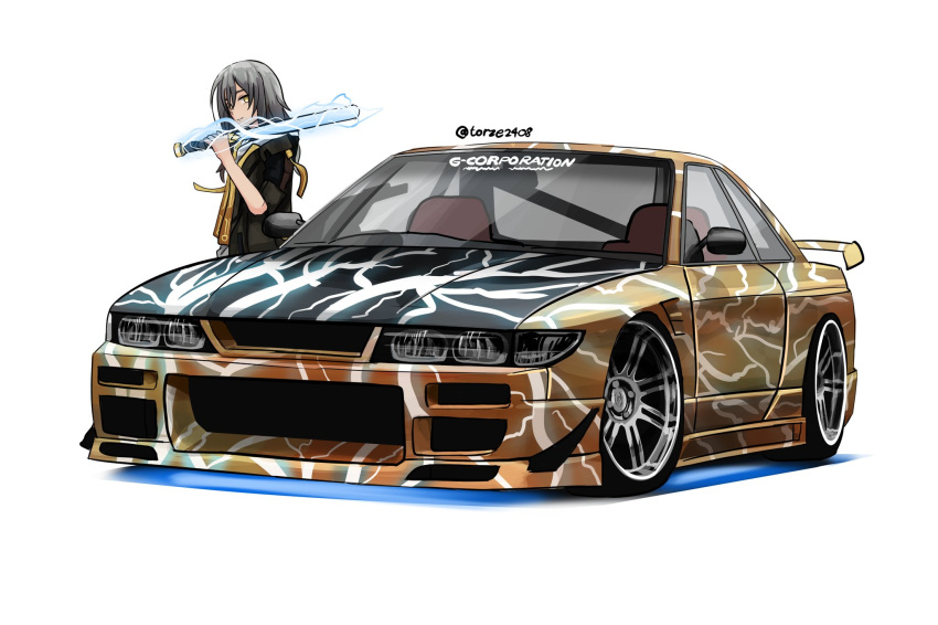 1girl airfryer1892 black_jacket car electricity english_commentary grey_hair highres holding holding_sword holding_weapon honkai:_star_rail honkai_(series) jacket long_hair looking_at_viewer motor_vehicle nissan nissan_s13_silvia nissan_silvia over_shoulder simple_background smile spoiler_(automobile) stelle_(honkai:_star_rail) sword trailblazer_(honkai:_star_rail) twitter_username vehicle_focus weapon weapon_over_shoulder white_background yellow_eyes