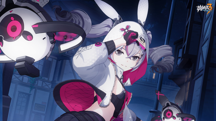 1girl animal_ears black_gloves breasts bronya_zaychik bronya_zaychik_(haxxor_bunny) chinese_commentary drill_hair drone gloves grey_eyes grey_hair hair_between_eyes highres honkai_(series) honkai_impact_3rd hood hoodie jacket looking_at_viewer multicolored_hair night official_alternate_costume official_art official_wallpaper open_clothes open_jacket outdoors rabbit_ears small_breasts smile solo streaked_hair upper_body white_hoodie white_sleeves