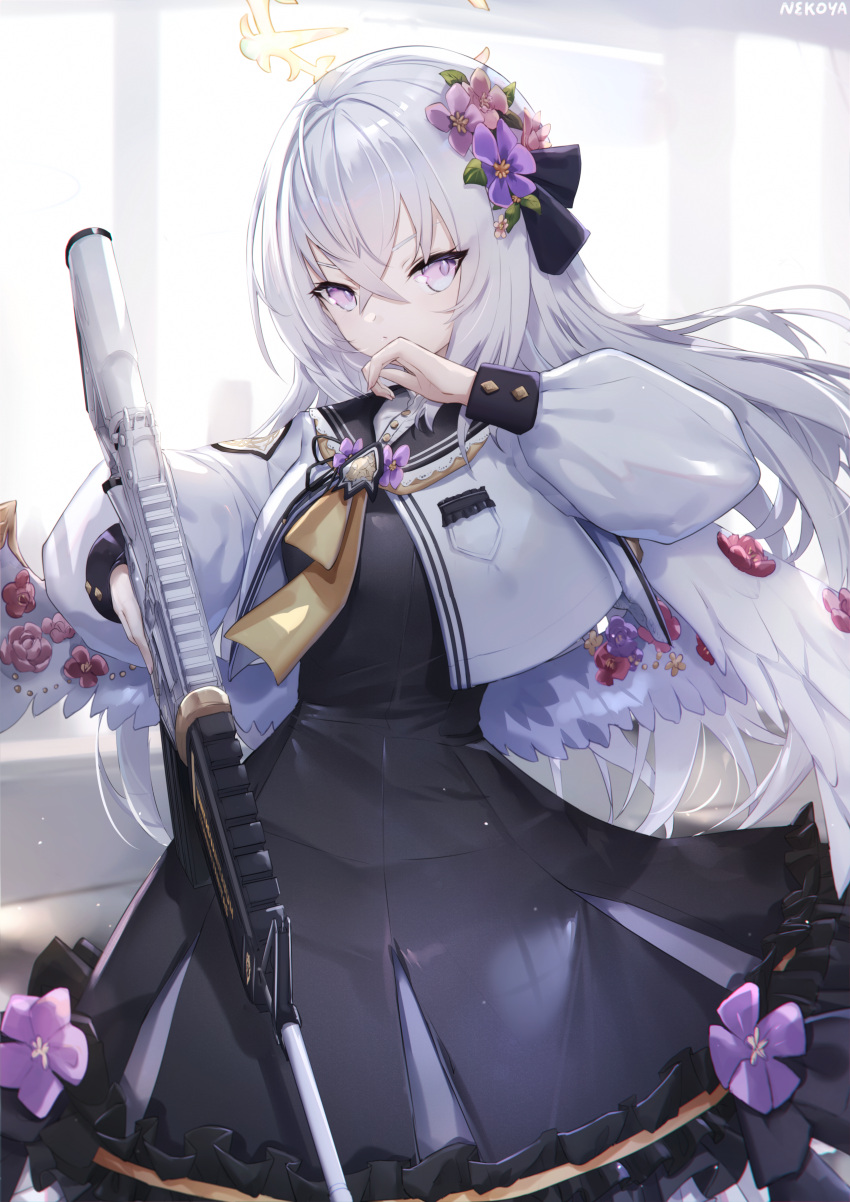 1girl absurdres assault_rifle azusa_(blue_archive) black_dress black_sailor_collar blue_archive closed_mouth day dress feathered_wings flower frilled_dress frills grey_hair grey_wings gun hair_flower hair_ornament halo hand_up highres holding holding_gun holding_weapon indoors jacket long_hair long_sleeves looking_at_viewer m4_carbine nekoya_(liu) pink_eyes pink_flower puffy_long_sleeves puffy_sleeves purple_flower rifle sailor_collar signature solo sunlight very_long_hair weapon white_jacket window wings