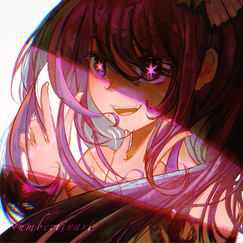 1girl absurdres artist_name chromatic_aberration commentary double_v english_commentary hair_between_eyes highres hoshino_ai_(oshi_no_ko) long_hair numberiiv open_mouth oshi_no_ko purple_hair sidelocks smile solo star-shaped_pupils star_(symbol) symbol-shaped_pupils teeth v violet_eyes