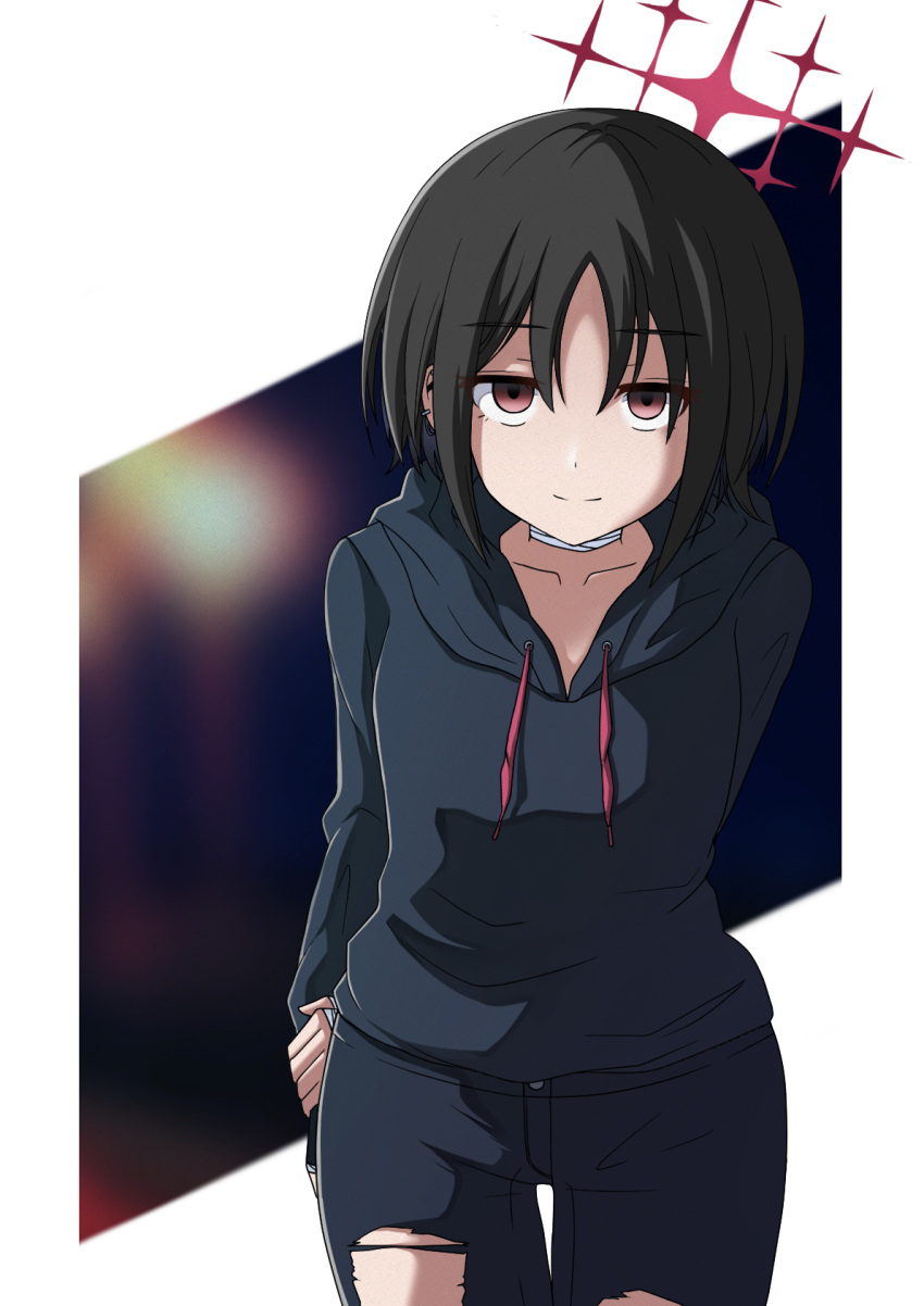 1girl black_hoodie black_pants blue_archive brown_hair generic_33 halo highres hood hoodie looking_at_viewer misaki_(blue_archive) pants red_eyes solo torn_clothes torn_pants white_background