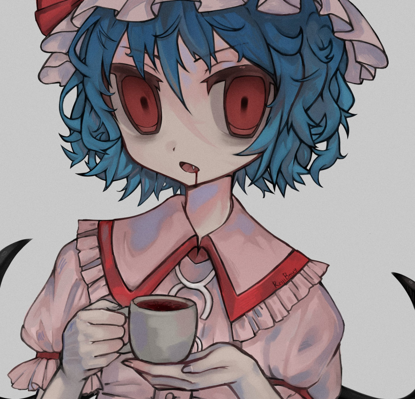 1girl bat_wings blood blood_from_mouth blood_on_face blue_hair commentary cup dress fang frills grey_background hat hat_ribbon highres holding holding_cup looking_at_viewer messy_hair mob_cap open_mouth pink_dress pink_headwear puffy_short_sleeves puffy_sleeves r_(reijibnuy2) red_eyes remilia_scarlet ribbon ribbon-trimmed_sleeves ribbon_trim short_hair short_sleeves simple_background solo symbol-only_commentary touhou upper_body vampire wings