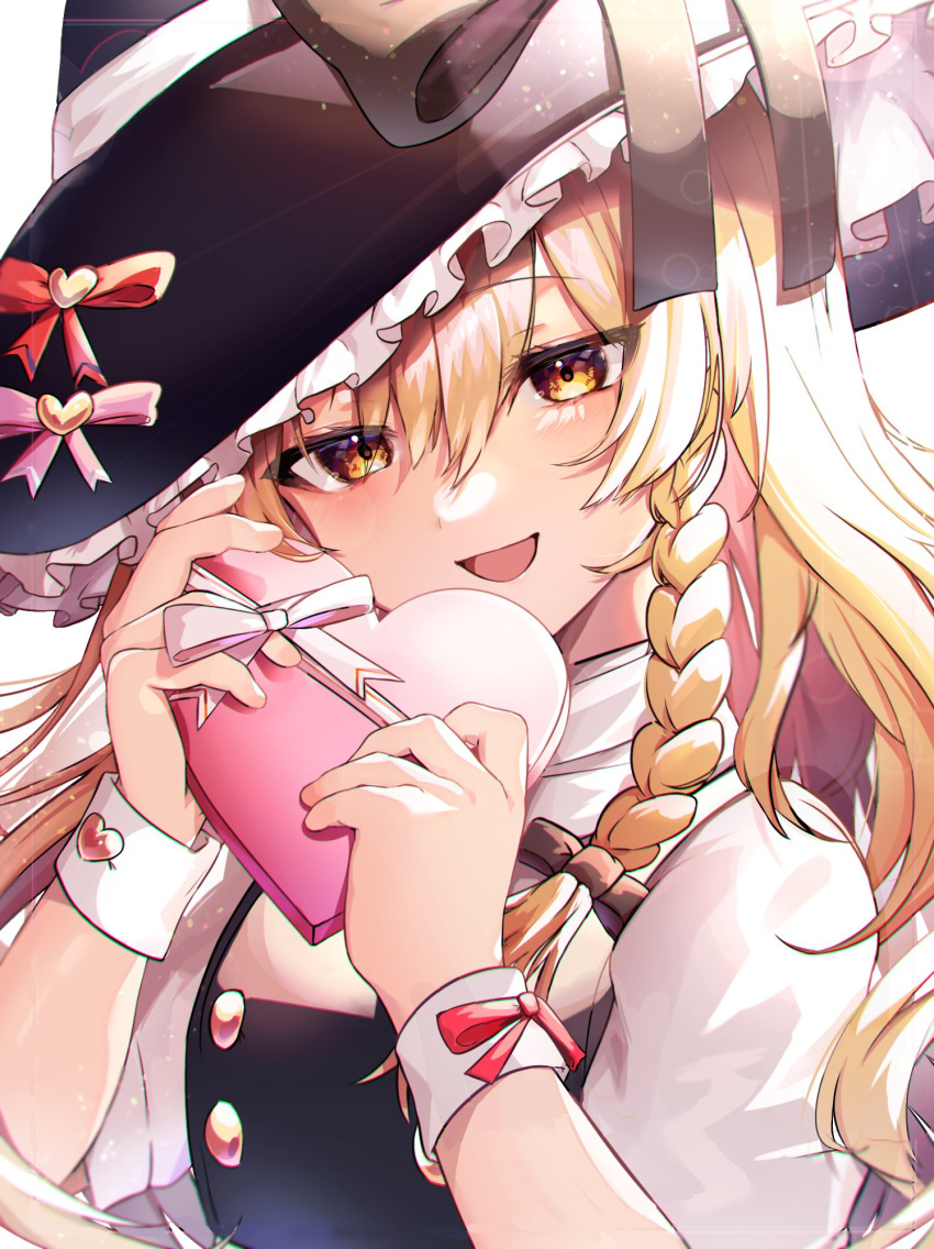 1girl :d blonde_hair bloom blush box breasts commentary_request frills hair_between_eyes hair_ribbon half-closed_eyes hands_up hat heart-shaped_box highres holding holding_box kirisame_marisa long_hair looking_at_viewer medium_breasts open_mouth puffy_short_sleeves puffy_sleeves ribbon sakuhara_kaka short_sleeves simple_background smile solo touhou tress_ribbon upper_body very_long_hair white_background witch_hat wrist_cuffs yellow_eyes
