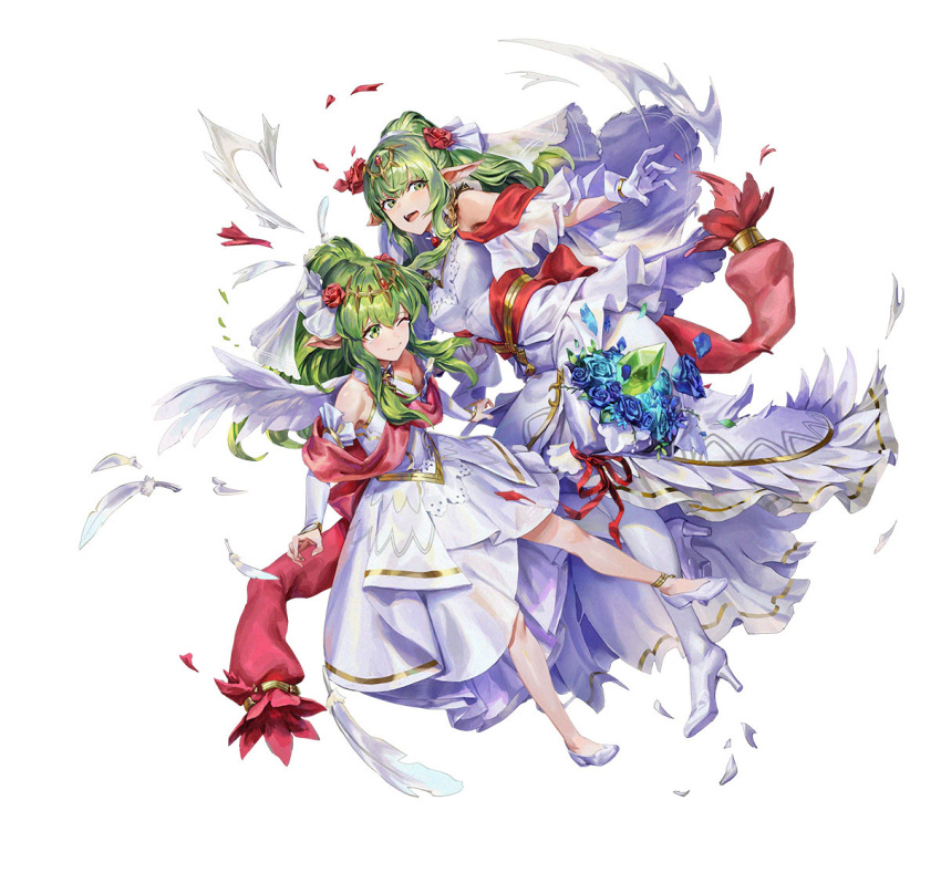 2girls bare_shoulders blue_flower bouquet breasts bridal_legwear bridal_veil choker damaged dragonstone dress feather-trimmed_dress feather_trim fire_emblem fire_emblem:_mystery_of_the_emblem fire_emblem_awakening fire_emblem_heroes flower green_eyes green_hair high_heels high_ponytail holding holding_bouquet medium_breasts multiple_girls official_alternate_costume official_art one_eye_closed open_mouth pointy_ears ponytail red_scarf scarf teeth tiara tiki_(adult)_(fire_emblem) tiki_(fire_emblem) tiki_(young)_(fire_emblem) torn_clothes torn_dress upper_teeth_only veil white_background white_choker white_dress white_footwear