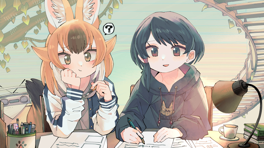 2girls ? absurdres alternate_costume animal_ears black_hair blue_jacket brown_hair captain_(kemono_friends) commission dhole_(kemono_friends) dog_ears dog_girl dog_tail grey_hoodie hair_between_eyes highres hood hoodie jacket kanmoku-san kemono_friends kemono_friends_3 light_brown_hair long_sleeves multicolored_hair multiple_girls official_alternate_costume paper short_hair sidelocks sitting tail white_hair writing