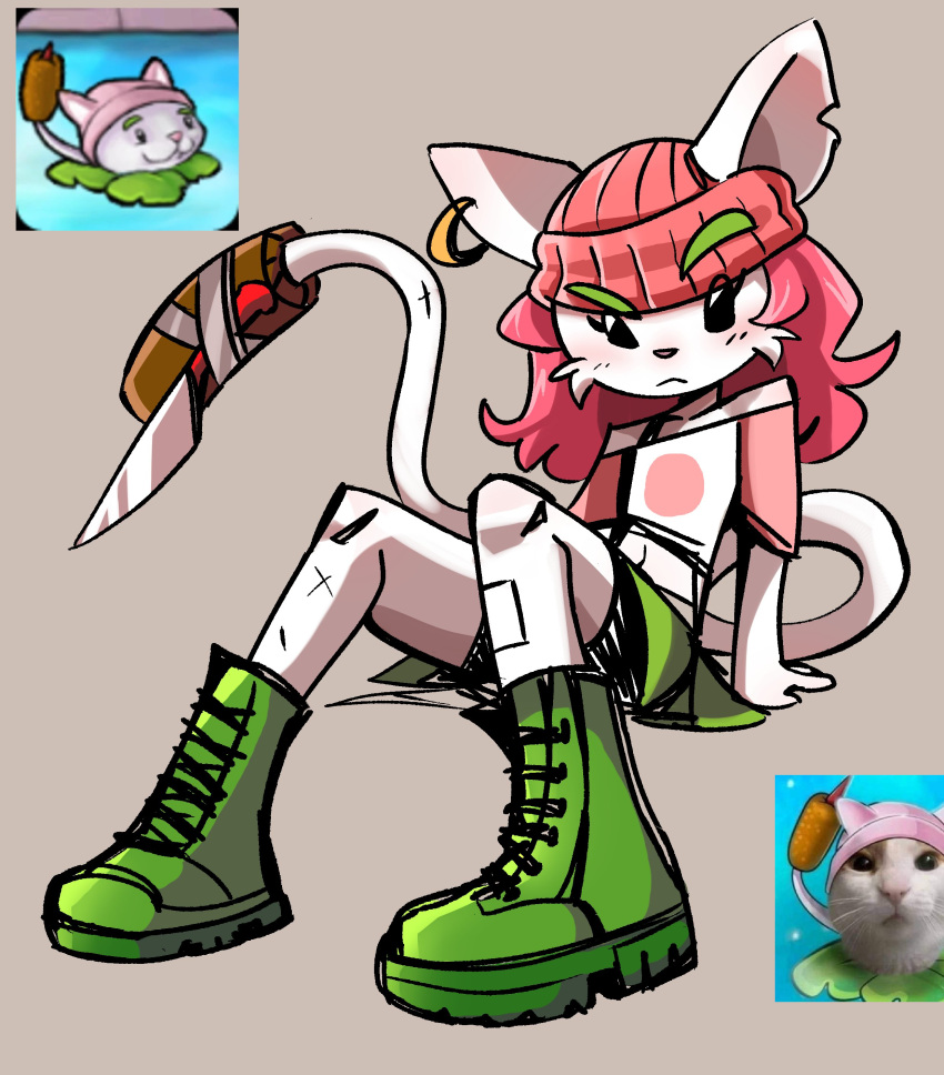 1girl :&lt; absurdres animal_ears beanie black_shorts boots cat_ears cat_tail cattail_(plants_vs_zombies) commentary english_commentary green_footwear green_skirt grey_background hat highres inset knife looking_at_viewer off-shoulder_shirt off_shoulder peargor personification pink_headwear pink_shirt plants_vs_zombies raglan_sleeves raised_eyebrow reclining reference_inset shirt shorts shorts_under_skirt simple_background sitting skirt solo tail white_shirt