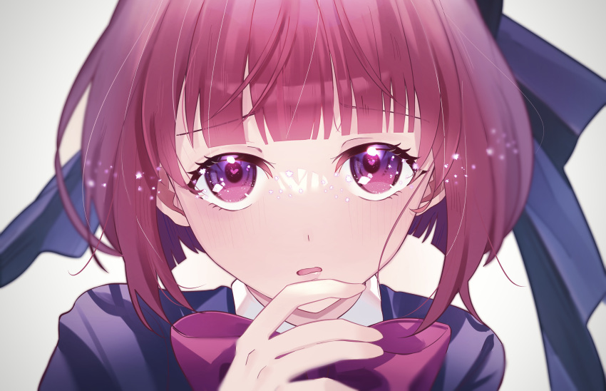 1girl absurdres arima_kana blue_headwear blue_jacket blunt_bangs blurry blush bob_cut bow bowtie close-up collared_shirt depth_of_field finger_to_own_chin gradient_eyes heart heart-shaped_pupils highres jacket light_particles multicolored_eyes oshi_no_ko parted_lips pink_bow pink_bowtie red_eyes redhead school_uniform shirt short_hair simple_background solo symbol-shaped_pupils white_background white_shirt yakousei_ookami youtou_high_school_uniform