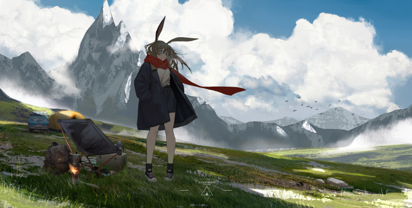 1girl absurdres amiya_(arknights) animal_ears arknights backpack bag bird black_coat black_shorts black_socks blue_eyes blue_footwear brown_hair camping_chair car chinese_commentary clouds coat day grey_skirt hands_in_pockets highres long_hair long_sleeves looking_afar moka_pot motor_vehicle mountainous_horizon oka_ball open_clothes open_coat outdoors portable_stove rock scarf shoes shorts skirt sneakers socks solo standing tent thermos wind