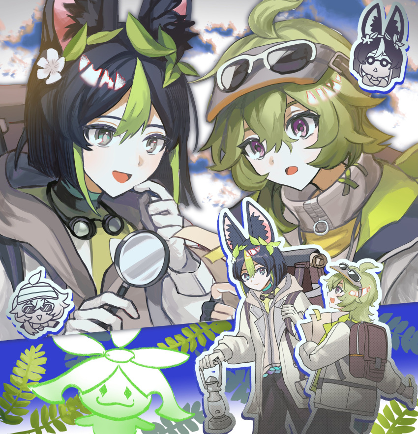 1boy 1girl absurdres animal_ear_fluff animal_ears aranara_(genshin_impact) black_hair blunt_ends bob_cut collei_(genshin_impact) collei_(kiehls')_(genshin_impact) eyewear_on_head fox_boy fox_ears genshin_impact gloves green_eyes green_hair grey_hood grey_jacket hair_ornament highres holding holding_lantern holding_magnifying_glass hood hood_down jacket lantern leaf_hair_ornament light_green_hair long_sleeves looking_at_viewer magnifying_glass multicolored_hair official_alternate_costume open_mouth pa_383xx short_hair streaked_hair tighnari_(genshin_impact) tighnari_(kiehls')_(genshin_impact) violet_eyes white_gloves