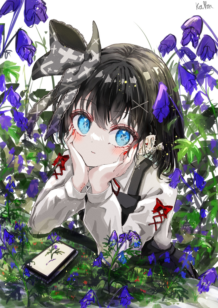 1girl absurdres black_hair black_skirt black_vest blue_eyes blush bow collared_shirt cuts earrings fingernails flower grass grey_bow hair_bow hair_ornament hairclip head_on_hand highres injury jewelry kayon_(touzoku) leaning light_smile long_sleeves looking_at_viewer medium_hair on_grass original parted_lips pleated_skirt purple_flower red_bow red_nails scratches shirt signature skirt solo upper_body vest white_background white_shirt