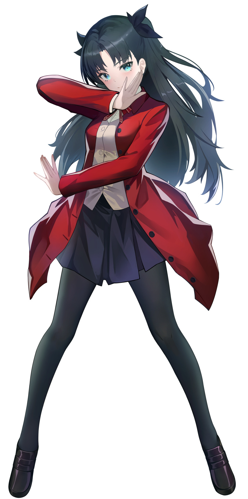 1girl absurdres aqua_eyes arm_up black_bow black_hair black_pantyhose black_skirt bow breasts closed_mouth coat commentary er_san_si fate/stay_night fate_(series) full_body hair_bow highres homurahara_academy_school_uniform legs_apart long_hair long_sleeves looking_at_viewer medium_breasts neck_ribbon open_hands pantyhose parted_bangs red_coat ribbon school_uniform skirt solo tohsaka_rin two_side_up uniform vest