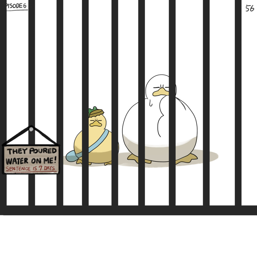 bag bird bottle_cap diva_(hyxpk) duck duckling english_text frog_headband highres no_humans numbered original prison sign simple_background white_background