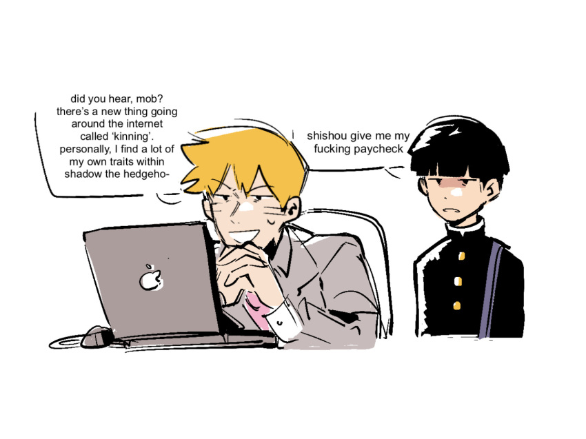 2boys black_hair blonde_hair blunt_bangs commentary computer english_commentary english_text gakuran highres kageyama_shigeo laptop long_sleeves looking_at_another male_focus mob_psycho_100 mp100days multiple_boys open_mouth own_hands_clasped own_hands_together reigen_arataka school_uniform short_hair simple_background smile speech_bubble upper_body white_background