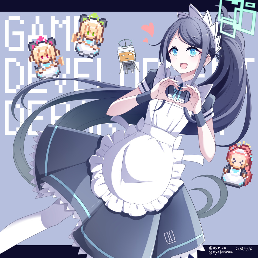 &gt;_&lt; &lt;key&gt;_(robot)_(blue_archive) 4girls absurdres animal_ear_headphones animal_ears apron aris_(blue_archive) aris_(maid)_(blue_archive) black_dress black_hair blonde_hair blue_archive blue_eyes blue_ribbon borrowed_clothes broom closed_eyes collared_dress commentary_request dated dress fake_animal_ears frilled_apron frills green_eyes grey_background halo headphones heart heart_hands hebitsukai-san highres holding holding_broom maid maid_apron midori_(blue_archive) midori_(maid)_(blue_archive) momoi_(blue_archive) momoi_(maid)_(blue_archive) multiple_girls neck_ribbon official_alternate_costume pantyhose pixelated pleated_dress ponytail puffy_short_sleeves puffy_sleeves redhead revision ribbon robot short_sleeves siblings sisters solo_focus swept_bangs twins twitter_username violet_eyes white_apron white_pantyhose yuzu_(blue_archive) yuzu_(maid)_(blue_archive)