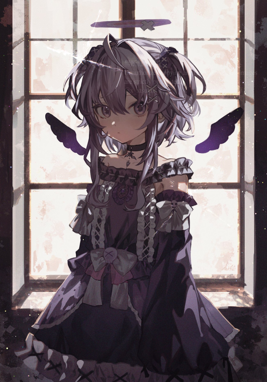 1girl bandaid_on_halo black_choker choker closed_mouth commission detached_wings dress grey_hair half_updo halo highres iwai_ku_tsuki looking_at_viewer mini_wings multicolored_hair original purple_dress purple_hair short_twintails skeb_commission solo twintails violet_eyes watermark window wings