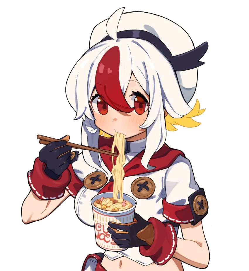 1girl ahoge beret black_gloves blonde_hair breasts chopsticks commentary_request copyright_request crop_top cup disposable_cup eating food gloves hair_between_eyes hat highres holding holding_chopsticks holding_cup medium_breasts midriff moutama multicolored_hair navel noodles ramen red_eyes redhead shirt short_sleeves simple_background solo two-tone_hair upper_body white_background white_hair white_headwear white_shirt
