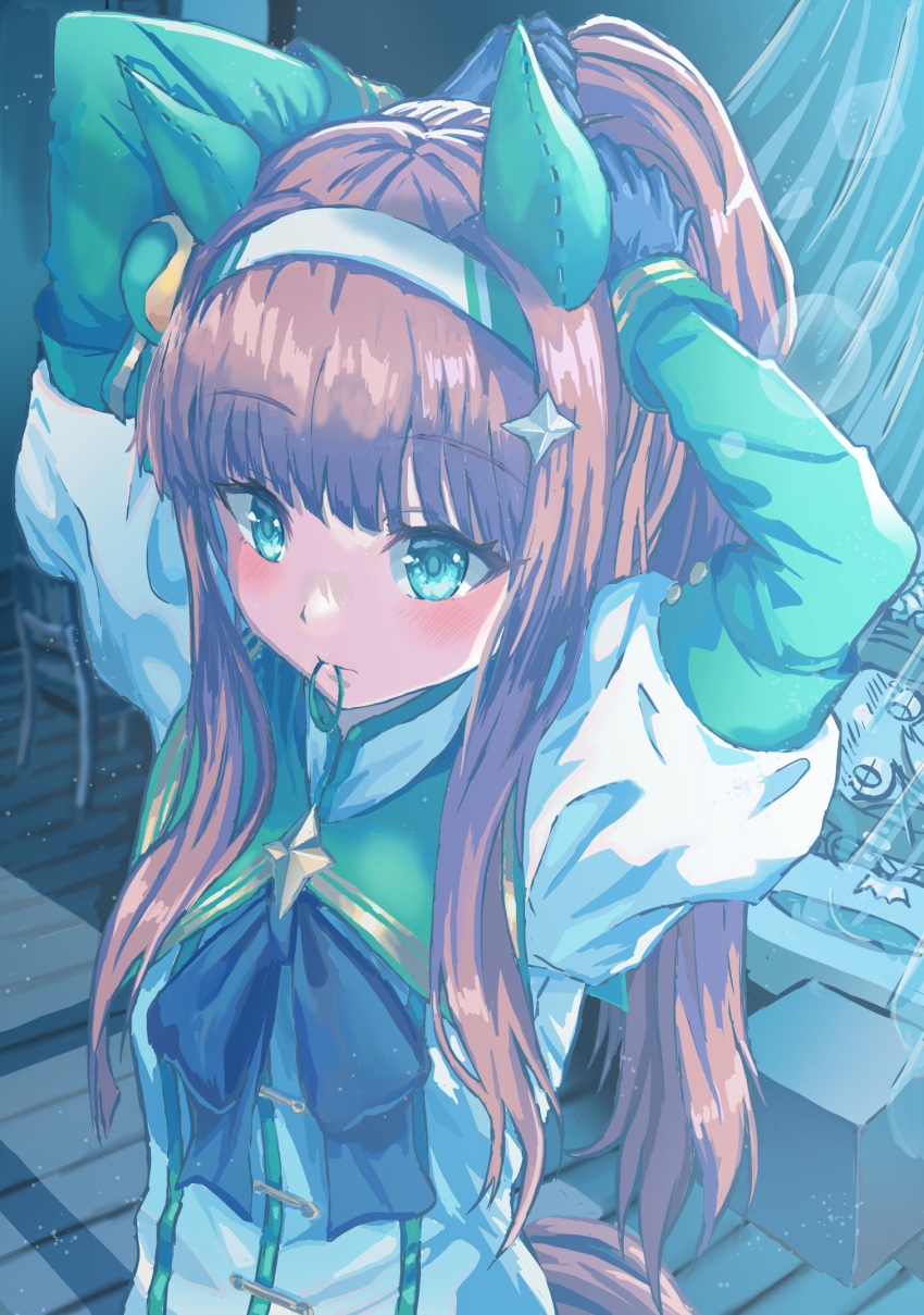 1girl alternate_hairstyle animal_ears aqua_eyes black_bow black_gloves blush bow closed_mouth commentary_request cropped_torso ear_covers flat_chest gloves green_shirt hair_tie hairband highres hime_cut horse_ears horse_girl juliet_sleeves long_hair long_sleeves mouth_hold multicolored_shirt orange_hair ponytail puffy_sleeves rundymentos shirt sidelocks silence_suzuka_(umamusume) solo umamusume white_hairband white_shirt