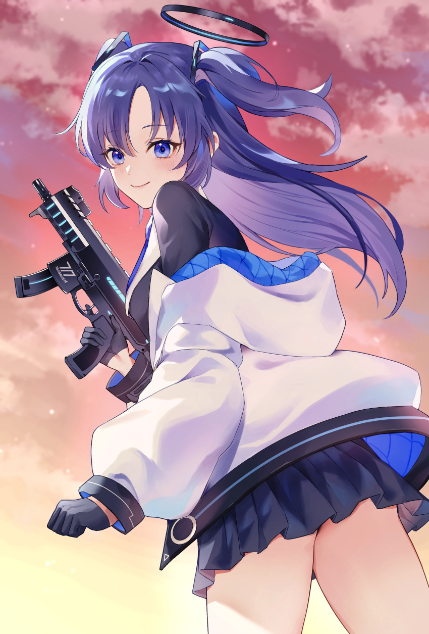 1girl absurdres black_gloves black_skirt blazer blue_archive blue_necktie clouds cloudy_sky coat collared_shirt commentary_request from_behind gloves gun hair_between_eyes halo highres holding holding_gun holding_weapon jacket ki_1315 long_hair long_sleeves looking_at_viewer looking_back necktie one_side_up open_clothes open_coat outdoors parted_bangs pleated_skirt purple_hair school_uniform shirt sidelocks sig_sauer_mpx skirt sky solo submachine_gun twilight violet_eyes weapon white_coat wind yuuka_(blue_archive)