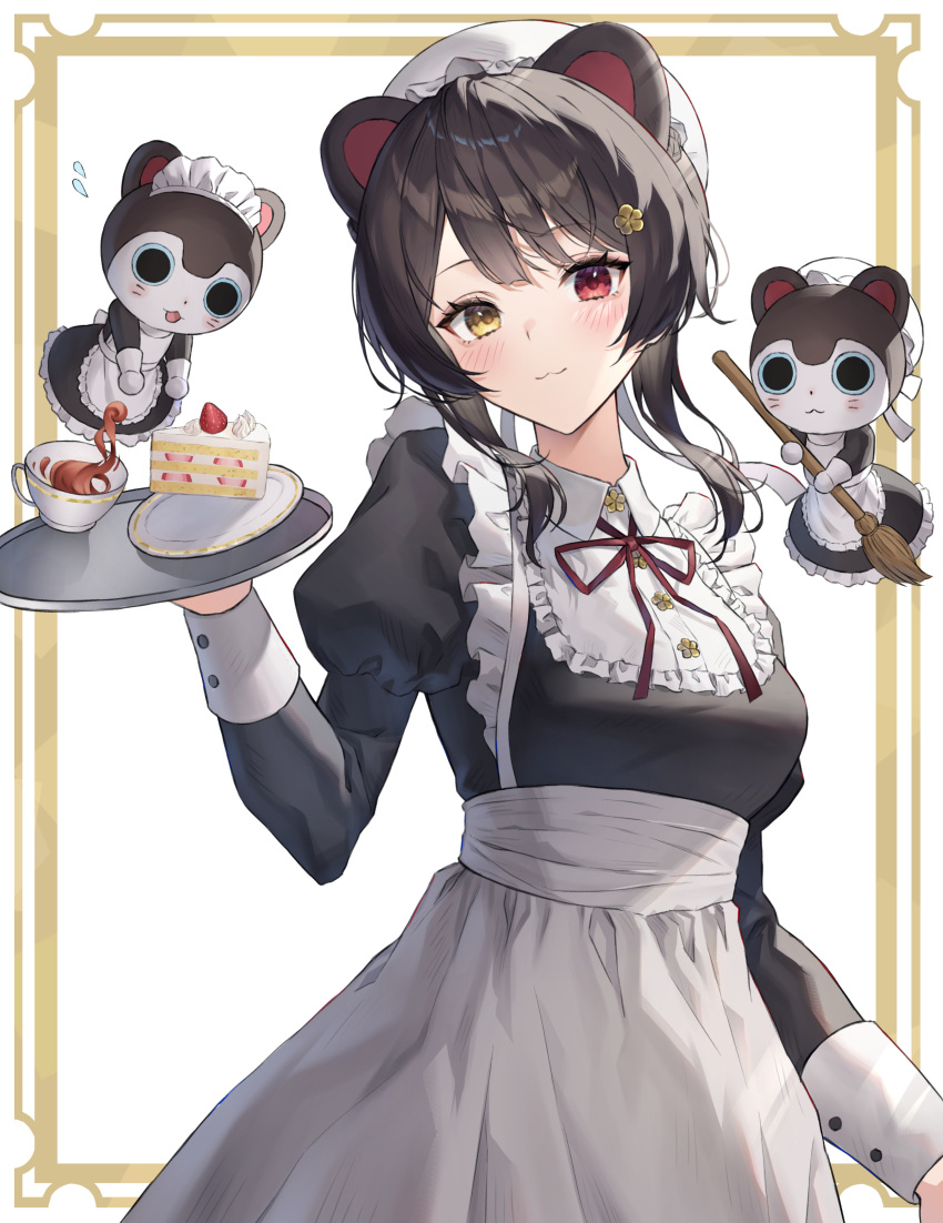 1girl :3 absurdres animal_ears apron black_hair blush bonnet breasts cake coffee coffee_cup commentary cup disposable_cup dog_ears food frilled_apron frills hair_ornament hairclip heterochromia highres inui_toko long_sleeves looking_at_viewer maid maid_apron maid_headdress medium_breasts myske_(myst34415756) nijisanji official_alternate_costume puffy_long_sleeves puffy_sleeves red_eyes strawberry_shortcake tray virtual_youtuber waist_apron wing_collar yellow_eyes