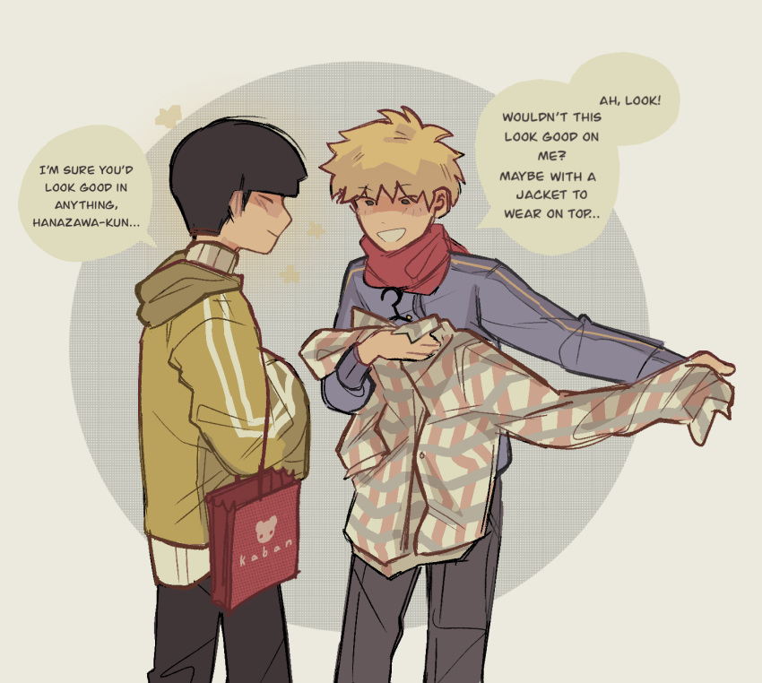 2boys bag black_hair black_pants blonde_hair blush closed_eyes closed_mouth commentary english_commentary english_text green_jacket hanazawa_teruki highres holding holding_clothes holding_shirt jacket kageyama_shigeo long_sleeves male_focus mob_psycho_100 mp100days multiple_boys open_mouth pants purple_jacket shirt shirt_removed shopping_bag short_hair simple_background smile speech_bubble standing