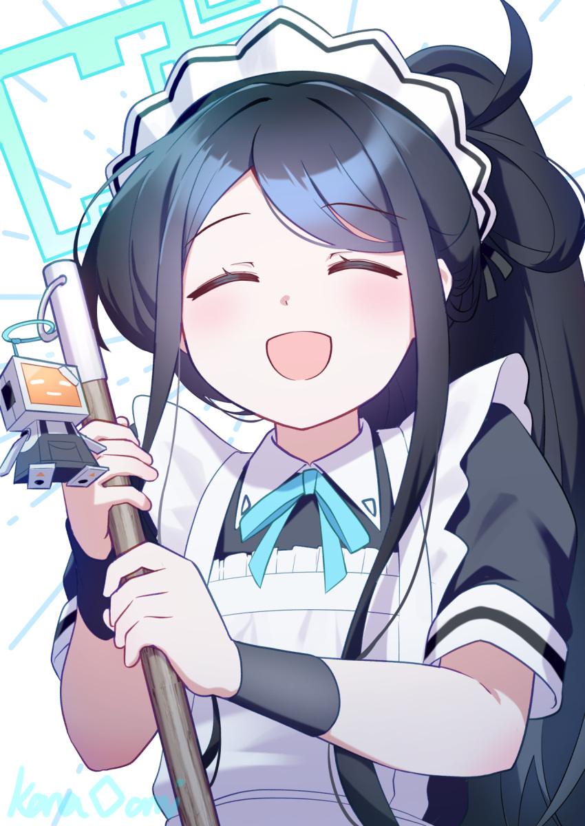 &lt;key&gt;_(robot)_(blue_archive) 1girl :d ^_^ apron aris_(blue_archive) aris_(maid)_(blue_archive) black_hair blue_archive closed_eyes commentary_request forehead halo highres holding holding_stick kana_ami long_hair looking_at_viewer maid maid_apron parted_bangs short_sleeves side_ponytail sidelocks simple_background smile solo stick white_background