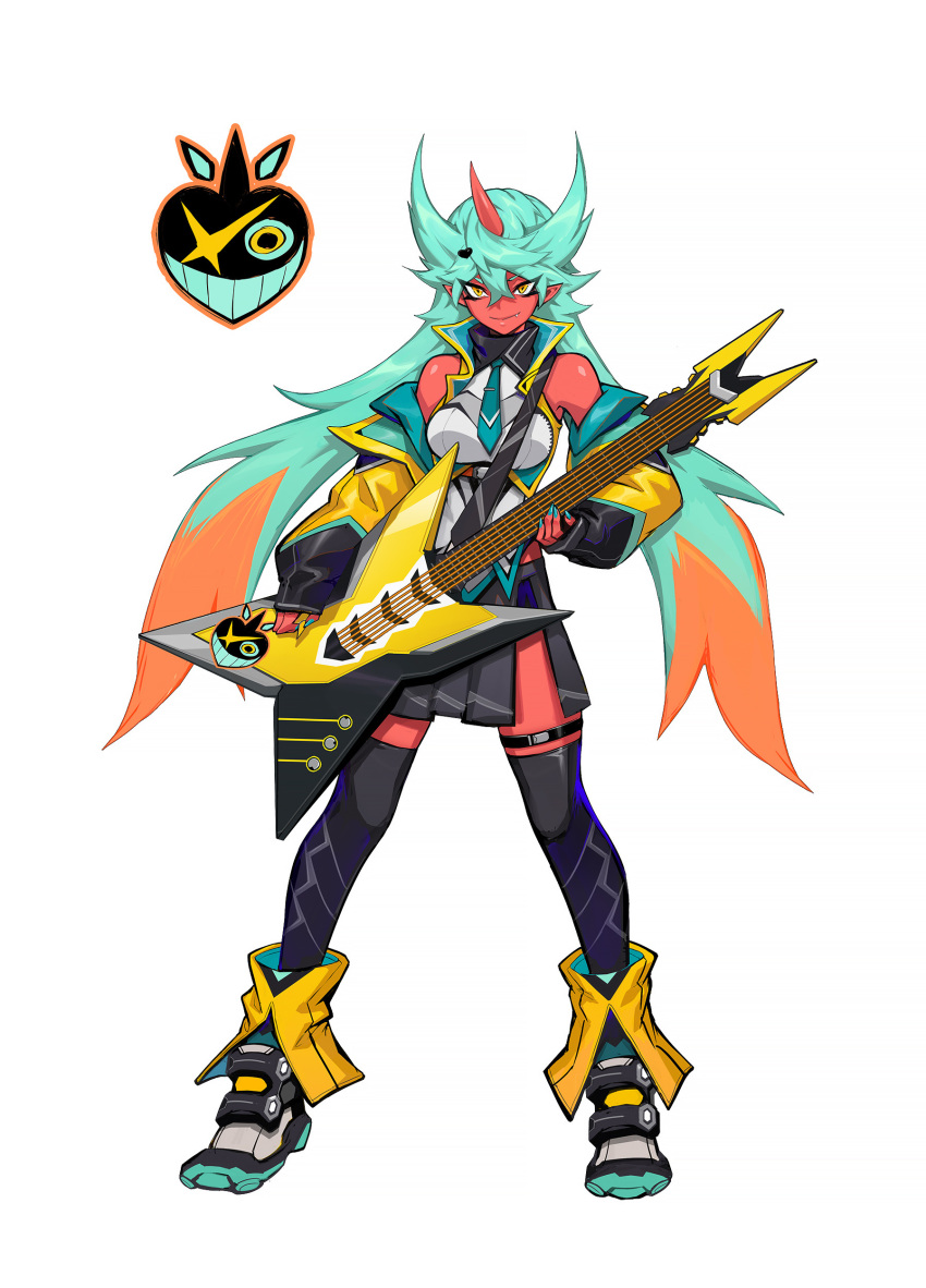 1girl absurdres black_skirt black_thighhighs breasts colored_skin concept_art electric_guitar fang fingernails green_hair guitar hair_ornament heart heart_hair_ornament highres holding holding_instrument horns instrument jacket liyart logo looking_at_viewer multicolored_hair nail_polish necktie official_art omega_strikers orange_eyes orange_hair red_skin shoes simple_background single_horn skirt solo thigh-highs two-tone_hair vyce_(omega_strikers) white_background