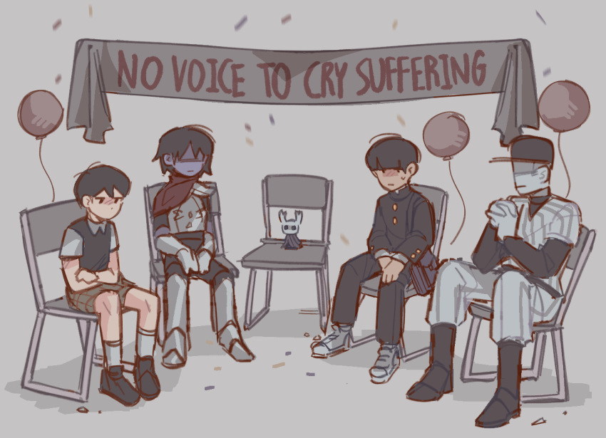 1other 3boys armor balloon banner baseball_uniform black_hair chair closed_mouth commentary crossover deltarune english_commentary english_text gakuran grey_background hat hollow_knight kageyama_shigeo knight_(hollow_knight) kris_(deltarune) long_sleeves male_focus mob_psycho_100 mp100days multiple_boys multiple_crossover off_(game) omori own_hands_together pants school_uniform shirt shoes short_hair shorts simple_background sitting sportswear sunny_(omori) the_batter_(off)