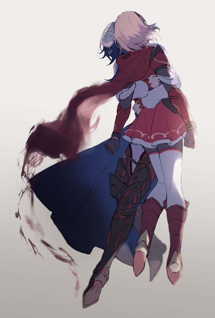 1boy 1girl alcryst_(fire_emblem) armor blood blue_hair cape fire_emblem fire_emblem_engage full_body gloves highres holding hug injury lapis_(fire_emblem) pink_hair pleated_skirt shoes short_hair shoulder_armor skirt thigh-highs white_background white_thighhighs wspread