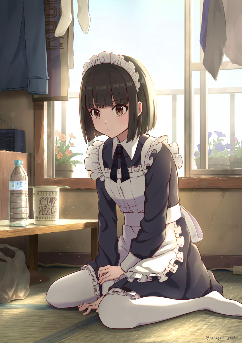 1girl absurdres apron balcony between_legs black_dress black_hair blunt_bangs bob_cut bottle closed_mouth collared_dress commentary_request day dress hanagamigendai hand_between_legs highres indoors instant_ramen maid maid_apron maid_headdress original pantyhose plant potted_plant short_hair sitting solo table tatami twitter_username wariza water_bottle white_pantyhose window