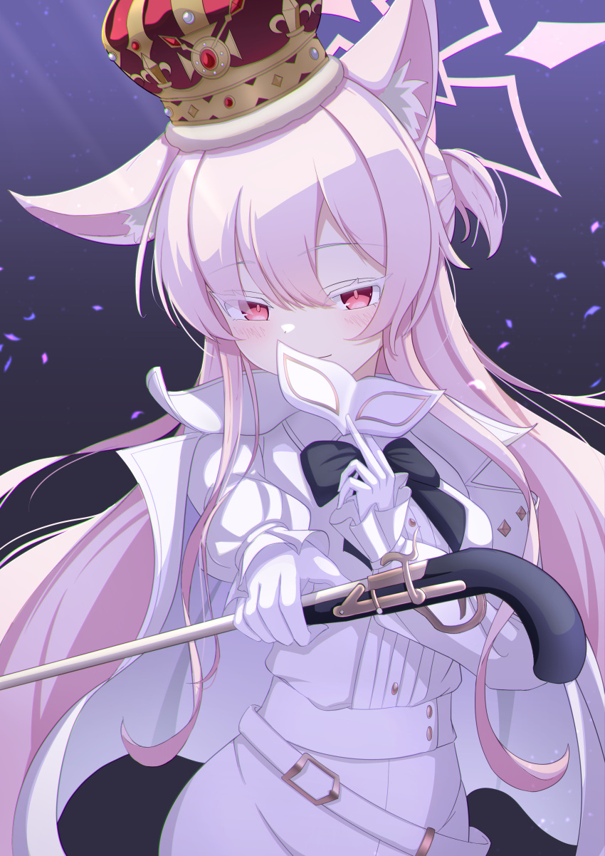 1girl 9zn absurdres akira_(blue_archive) blue_archive closed_mouth crown eye_mask gloves gun highres holding holding_gun holding_mask holding_weapon jacket jacket_on_shoulders long_hair long_sleeves looking_at_viewer mask pink_hair smile solo weapon white_gloves white_jacket white_mask