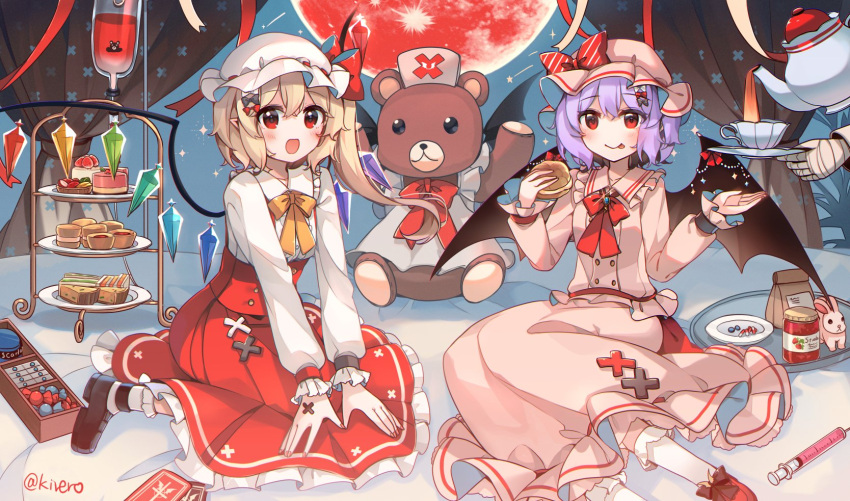 1other 2girls :d :p adapted_costume arm_support bandaged_hand bandages bat_wings blonde_hair blood blood_bag blush commentary_request crystal cup curtains dress flandre_scarlet food full_body hand_up hat highres holding holding_food holding_saucer indoors kirero mob_cap moon multiple_girls on_bed one_side_up open_mouth pink_dress pointy_ears pouring purple_hair red_dress red_eyes red_moon remilia_scarlet saucer siblings sisters sitting smile stuffed_animal stuffed_toy syringe teacup teapot teddy_bear tongue tongue_out touhou wariza window wings yokozuwari