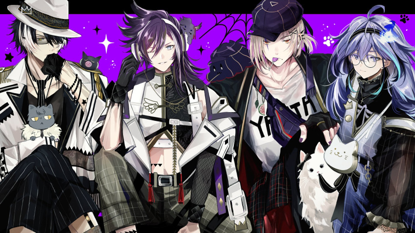 4boys :3 ;) ahoge aiguillette alternate_costume animal_bag animal_hug animal_on_head aqua_hair arm_tattoo asymmetrical_sleeves badge bag banzoin_hakka baseball_cap belt bespectacled bird bird_on_head black_belt black_gloves black_hair black_hairband black_jacket black_necktie black_pants black_shirt black_skin blonde_hair blue_overalls bracelet braid button_badge candy cat cat_bag chain closed_mouth color_connection colored_skin colored_tips creature creature_on_shoulder crop_top crossed_legs crown_(artist) ear_piercing earrings epaulettes facial_mark fanny_pack fedora feet_out_of_frame fingerless_gloves fishnet_sleeves floral_print food food_in_mouth french_braid glasses gloves gradient_clothes gradient_skin green_pants grey_cat grey_eyes hair_between_eyes hair_ornament hairband hairclip hakkito_(banzoin_hakka) half_gloves hand_to_own_mouth handbag hat headphones highres hitodama holostars holostars_english jacket jewelry kageyama_shien lace-trimmed_sleeves lace_trim layered_sleeves legwear_garter letterboxed lollipop long_hair long_sleeves looking_at_viewer low_ponytail magmite_(magni_dezmond) magni_dezmond male_focus medium_hair midriff minase_rio mole mole_under_mouth multicolored_hair multiple_boys nakayama_(kageyama_shien) necktie nekoyama_shien off_shoulder on_head on_shoulder one_eye_closed open_clothes open_jacket outside_border overalls pants parted_lips paw_print paw_print_background piercing pinstripe_pants pinstripe_pattern plaid plaid_overalls plaid_pants ponytail print_shirt purple_background purple_hair purple_headwear purple_nails ring rose_print round_eyewear shirt short_hair short_over_long_sleeves short_ponytail short_sleeves sitting sleeveless sleeveless_shirt smile sparkle_background spider_web_background star_tattoo starry_background streaked_hair striped striped_necktie stud_earrings sunglasses tassel tattoo turtleneck two-tone_hair two-tone_skirt v-neck violet_eyes virtual_youtuber white_belt white_cat white_hair white_headwear white_jacket wing_print wristband yellow_eyes