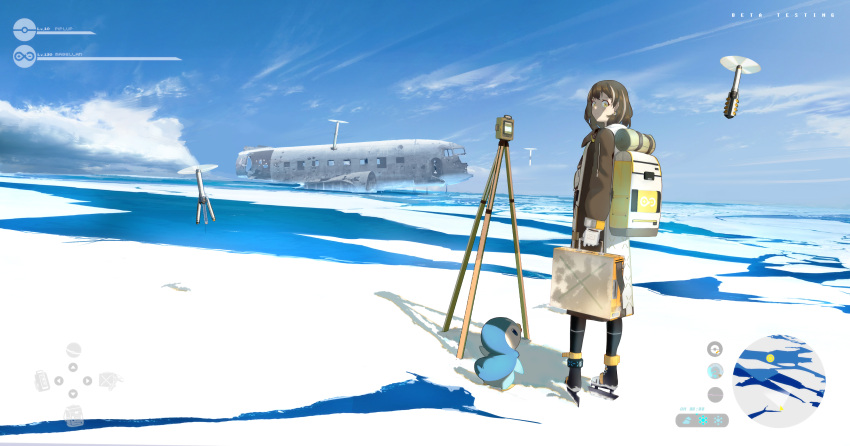 1girl absurdres aircraft airplane arknights backpack bag black_pants briefcase brown_hair camera character_name chinese_commentary clouds coat crossover day drone earrings english_text gloves heads-up_display health_bar highres holding holding_briefcase ice ice_skates infection_monitor_(arknights) jewelry long_sleeves looking_at_viewer looking_back magallan_(arknights) minimap oka_ball outdoors pants piplup pokemon pokemon_(creature) shadow short_hair skates sleeping_bag standing tripod white_gloves wreckage yellow_eyes