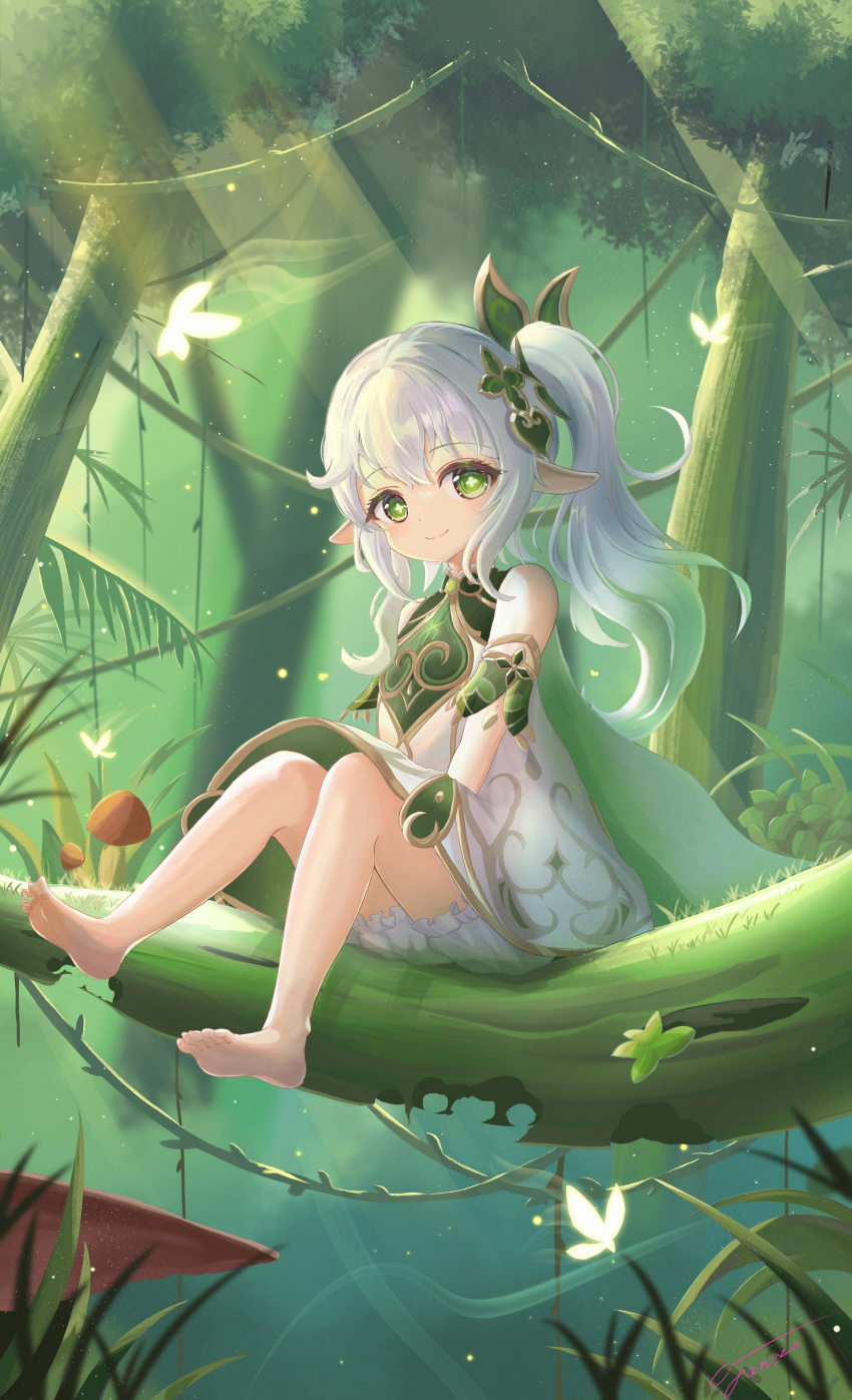 1girl absurdres ass bare_legs barefoot bloomers blurry bracelet cape commentary_request crystalfly_(genshin_impact) depth_of_field detached_sleeves dress feet forest genshin_impact gradient_hair green_cape green_eyes hair_between_eyes hair_ornament highres jewelry knees_up leaf_hair_ornament legs long_hair looking_at_viewer multicolored_hair nahida_(genshin_impact) nature outdoors pointy_ears short_dress short_sleeves side_ponytail sidelocks sitting_on_branch smile soles solo symbol-shaped_pupils toes two-tone_hair underwear unishaho white_bloomers white_dress white_hair