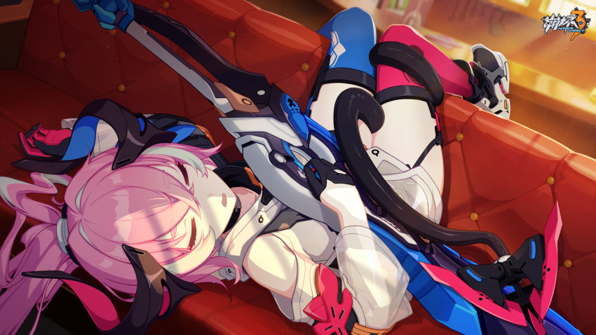 1girl black_gloves breasts chinese_commentary closed_eyes couch detached_sleeves gloves hair_between_eyes highres holding holding_weapon honkai_(series) honkai_impact_3rd indoors long_hair official_art official_wallpaper on_couch open_hand open_mouth pink_hair prehensile_tail rozaliya_olenyeva rozaliya_olenyeva_(fervent_tempo) sleeping small_breasts solo sunlight tail tail_wrap thigh-highs thigh_strap weapon white_sleeves