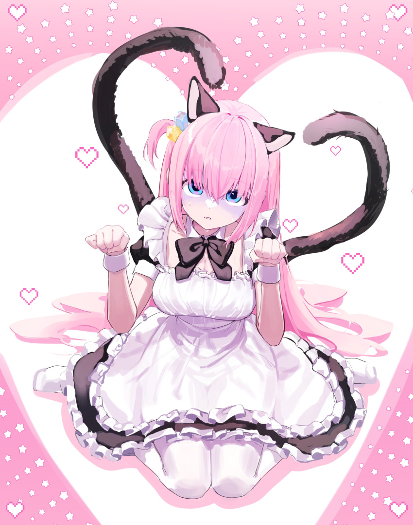 1girl absurdres alternate_costume animal_ears apron black_bow black_dress blue_eyes bocchi_the_rock! bow breasts cat_ears cat_tail cube_hair_ornament detached_collar dress enmaided frilled_dress frills full_body gotou_hitori hair_between_eyes hair_ornament heart heart_tail highres large_breasts long_hair looking_at_viewer maid multiple_tails one_side_up paw_pose pink_hair puffy_short_sleeves puffy_sleeves short_sleeves sitting solo tail tokina_(toki_na) two_tails very_long_hair wariza white_apron wrist_cuffs