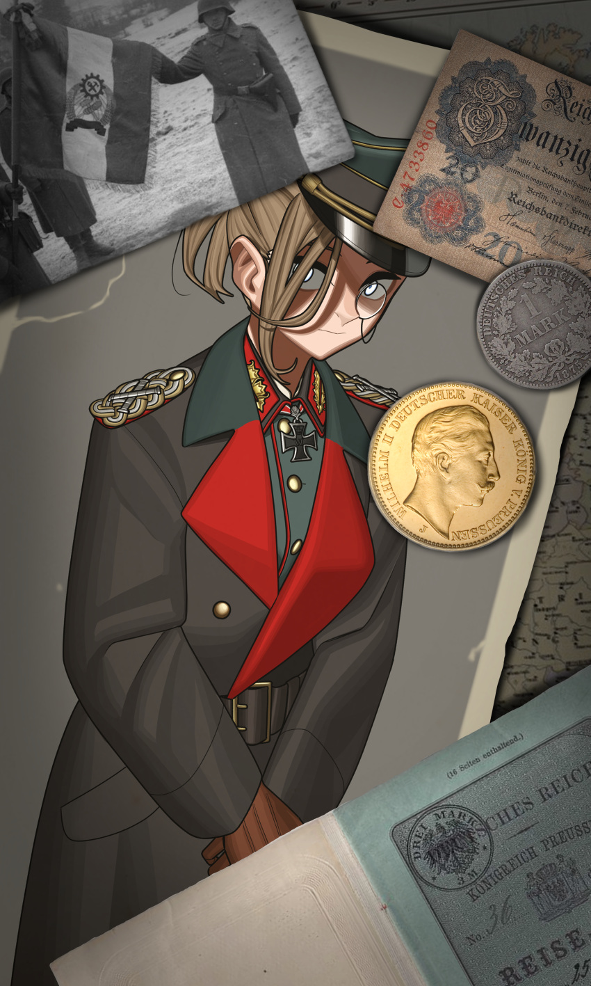 1girl absurdres belt black_belt black_coat brown_gloves buttons coat coin cross epaulettes german_empire germany gloves gold_coin hat hearts_of_iron helmet highres iron_cross kaiserreich light_brown_hair map military military_hat military_uniform monocle peaked_cap photo_(object) pzkpfwi trench_coat uniform white_eyes