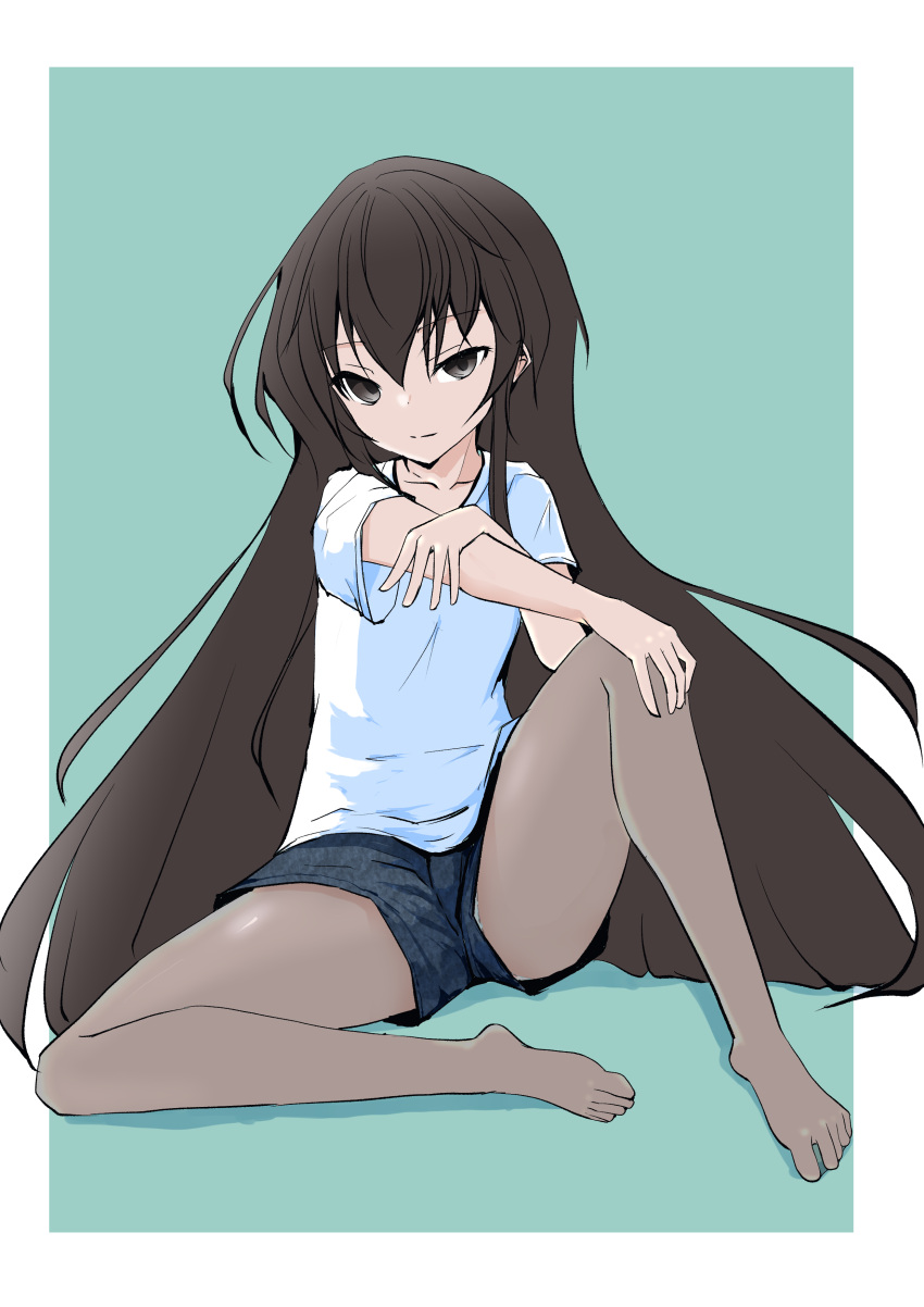 1girl absurdres black_eyes black_hair breasts highres long_hair original pantyhose simple_background sitting small_breasts solo thigh-highs une_back