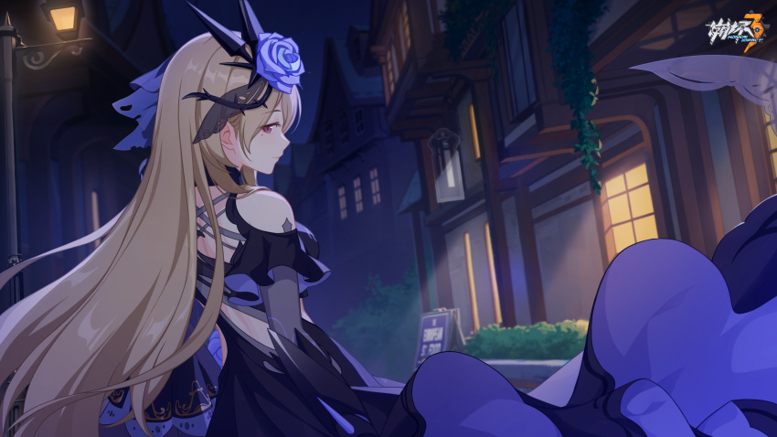 1girl bare_shoulders brown_hair chinese_commentary detached_sleeves dress flower hair_flower hair_ornament highres honkai_(series) honkai_impact_3rd lamppost light_smile logo long_sleeves looking_at_viewer mole mole_under_eye night official_art official_wallpaper rita_rossweisse rita_rossweisse_(fallen_rosemary) solo upper_body window