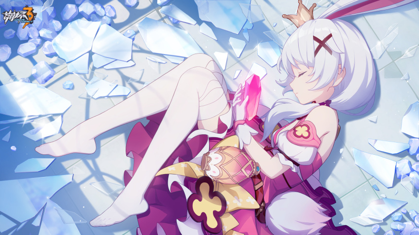 1girl animal_ears bare_shoulders broken_glass chinese_commentary closed_mouth crown detached_sleeves fetal_position glass hair_ornament highres holding_crystal honkai_(series) honkai_impact_3rd logo long_hair official_alternate_costume official_art official_wallpaper rabbit_ears solo theresa_apocalypse theresa_apocalypse_(sakura_rondo) thigh-highs white_hair white_thighhighs x_hair_ornament