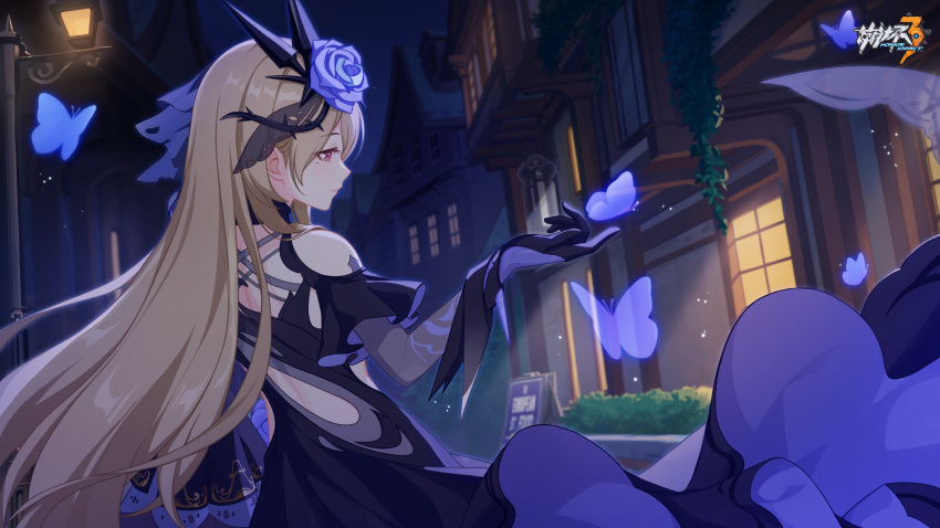 1girl animal bare_shoulders brown_hair bug butterfly chinese_commentary detached_sleeves dress flower hair_flower hair_ornament highres honkai_(series) honkai_impact_3rd lamppost light_smile logo long_sleeves looking_at_animal mole mole_under_eye night official_art official_wallpaper rita_rossweisse rita_rossweisse_(fallen_rosemary) solo upper_body window