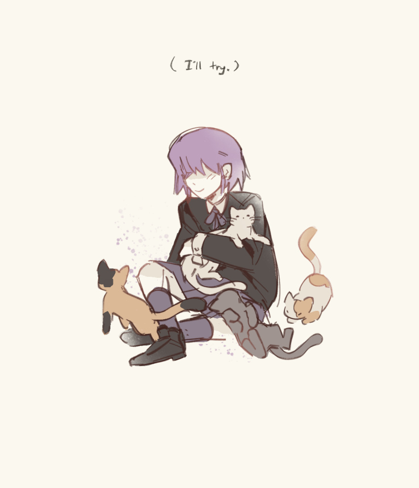 1girl animal asagiri_minori black_footwear cat closed_mouth commentary english_commentary english_text highres holding holding_animal holding_cat long_sleeves mob_psycho_100 mp100days purple_hair shoes short_hair simple_background sitting skirt smile socks solo white_background