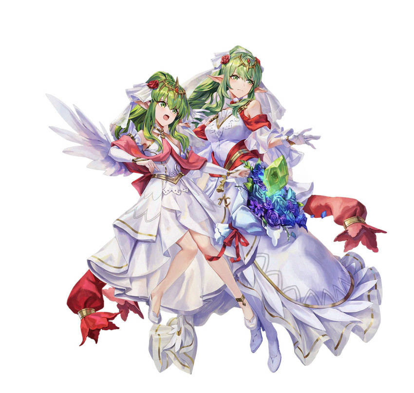 2girls attack bare_shoulders blue_flower bouquet breasts bridal_legwear bridal_veil choker dragonstone dress feather-trimmed_dress feather_trim fire_emblem fire_emblem:_mystery_of_the_emblem fire_emblem_awakening fire_emblem_heroes flower frown green_eyes green_hair high_heels high_ponytail holding holding_bouquet medium_breasts multiple_girls official_alternate_costume official_art open_mouth pointy_ears ponytail red_scarf scarf tiara tiki_(adult)_(fire_emblem) tiki_(fire_emblem) tiki_(young)_(fire_emblem) v-shaped_eyebrows veil white_background white_choker white_dress white_footwear