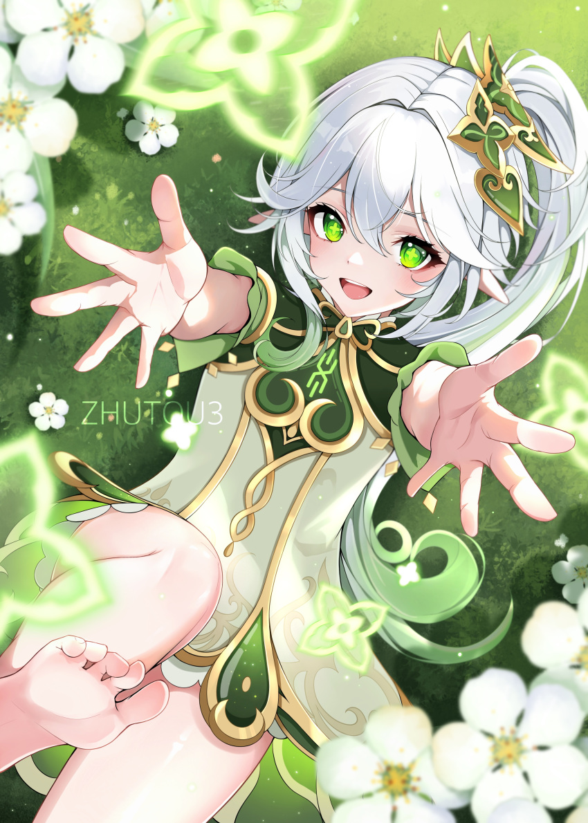 ;d absurdres arms_up barefoot bloomers dress flower genshin_impact gradient_hair grass green_eyes hair_ornament highres leaf_hair_ornament leg_up lying multicolored_hair nahida_(genshin_impact) on_back one_eye_closed pointy_ears reaching reaching_towards_viewer short_dress smile soles streaked_hair symbol-shaped_pupils toes two-tone_hair underwear white_bloomers white_dress white_hair zhutou_333