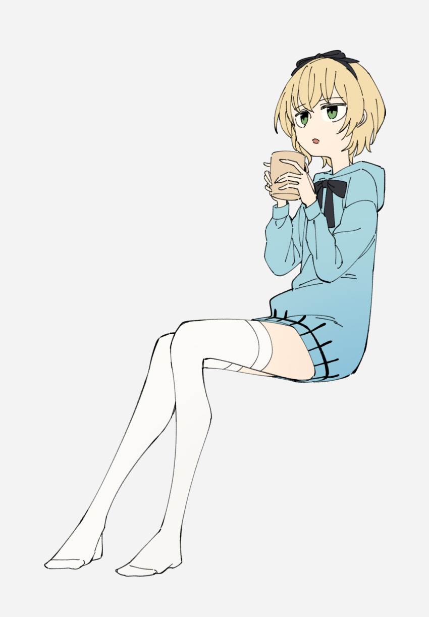 1girl black_bow black_bowtie blonde_hair blue_hoodie bow bowtie commission cup full_body hair_bow highres holding holding_cup hood hood_down hoodie invisible_chair long_sleeves mug neonfloyd open_mouth original short_hair sitting solo thigh-highs white_thighhighs