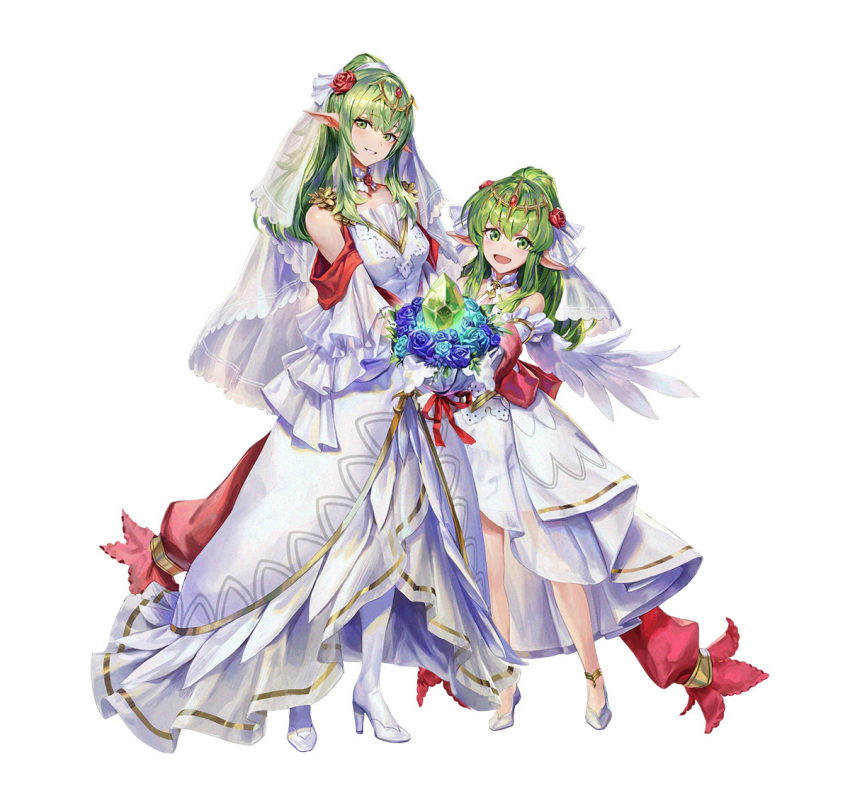 2girls bare_shoulders blue_flower bouquet breasts bridal_legwear bridal_veil choker dragonstone dress feather-trimmed_dress feather_trim fire_emblem fire_emblem:_mystery_of_the_emblem fire_emblem_awakening fire_emblem_heroes flower green_eyes green_hair high_heels high_ponytail holding holding_bouquet looking_at_viewer medium_breasts multiple_girls official_alternate_costume official_art open_mouth pointy_ears ponytail red_scarf scarf smile teeth tiara tiki_(adult)_(fire_emblem) tiki_(fire_emblem) tiki_(young)_(fire_emblem) veil white_background white_choker white_dress white_footwear