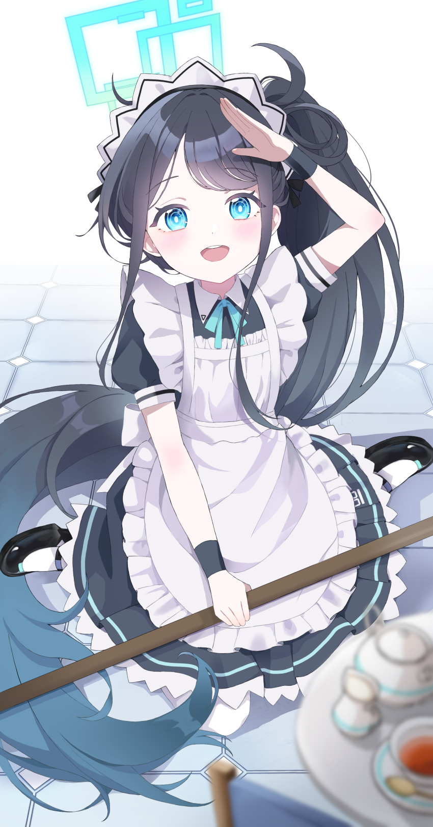 1girl absurdly_long_hair absurdres apron aris_(blue_archive) aris_(maid)_(blue_archive) black_dress black_footwear black_hair blue_archive blue_eyes blue_hair blue_ribbon blurry blurry_foreground blush bright_pupils commentary_request dark_blue_hair dress frilled_apron frills full_body gradient_hair halo highres holding long_hair looking_at_viewer m0_0m_c maid maid_apron maid_headdress multicolored_hair neck_ribbon official_alternate_costume one_side_up open_mouth pantyhose ponytail puffy_short_sleeves puffy_sleeves ribbon ringed_eyes short_sleeves sitting smile solo very_long_hair wariza white_pantyhose white_pupils