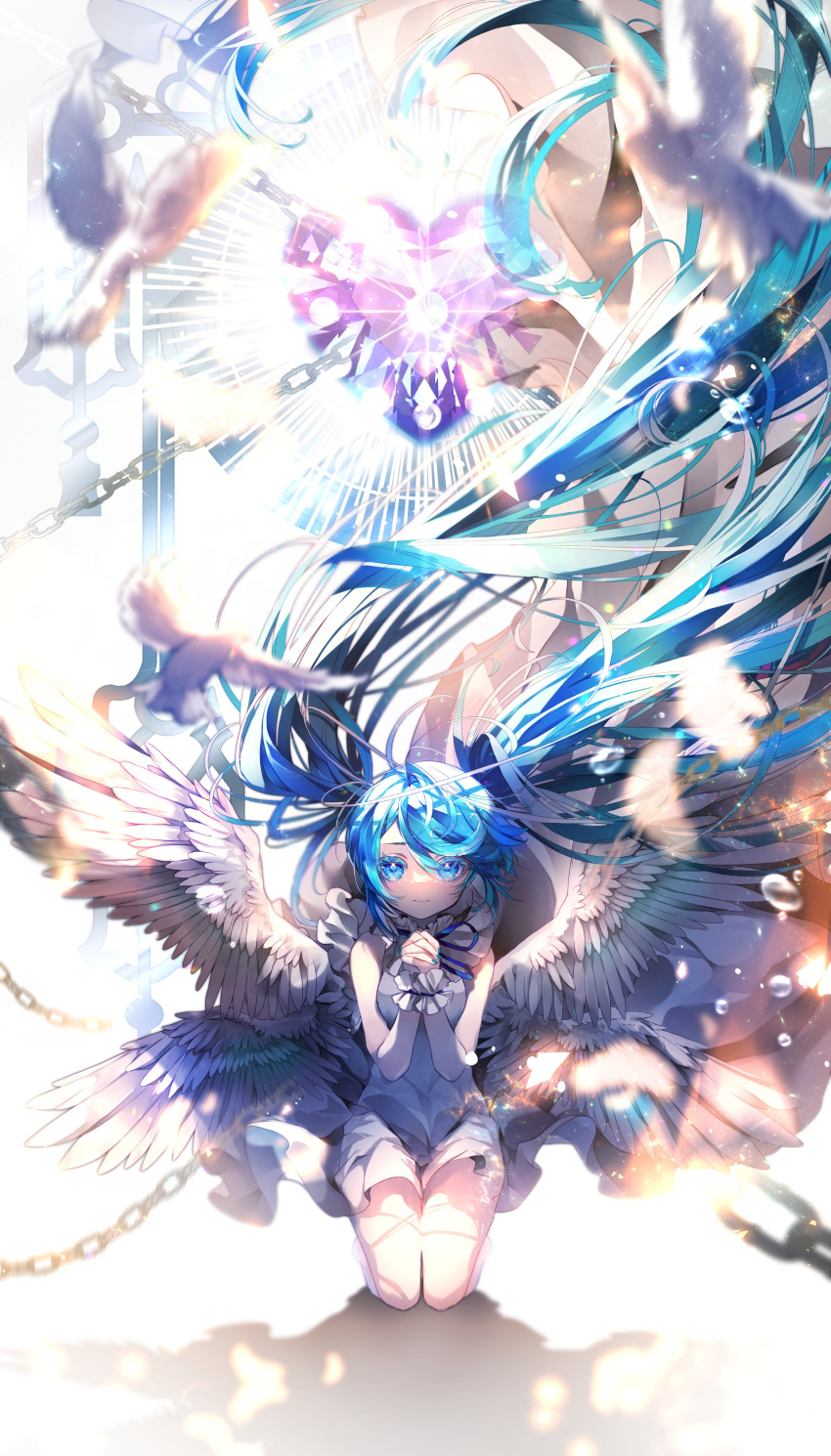 1girl absurdly_long_hair absurdres animal bird blue_eyes blue_hair blurry blurry_foreground chain commentary dress feathered_wings floating_hair grey_dress hatsune_miku heart highres interlocked_fingers kneeling light_particles long_hair looking_at_viewer own_hands_together praying shadow shirayuki_towa smile solo tears twintails very_long_hair vocaloid white_dove wings