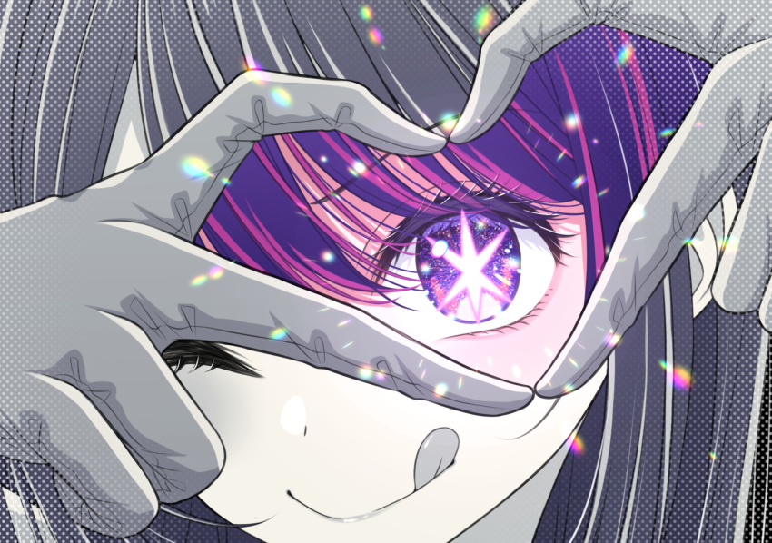 1girl chromatic_aberration close-up closed_mouth commentary eye_focus gloves hair_between_eyes halftone highres hiiragi_kei hoshino_ai_(oshi_no_ko) one_eye_closed oshi_no_ko partially_colored purple_hair sidelocks solo tongue tongue_out violet_eyes
